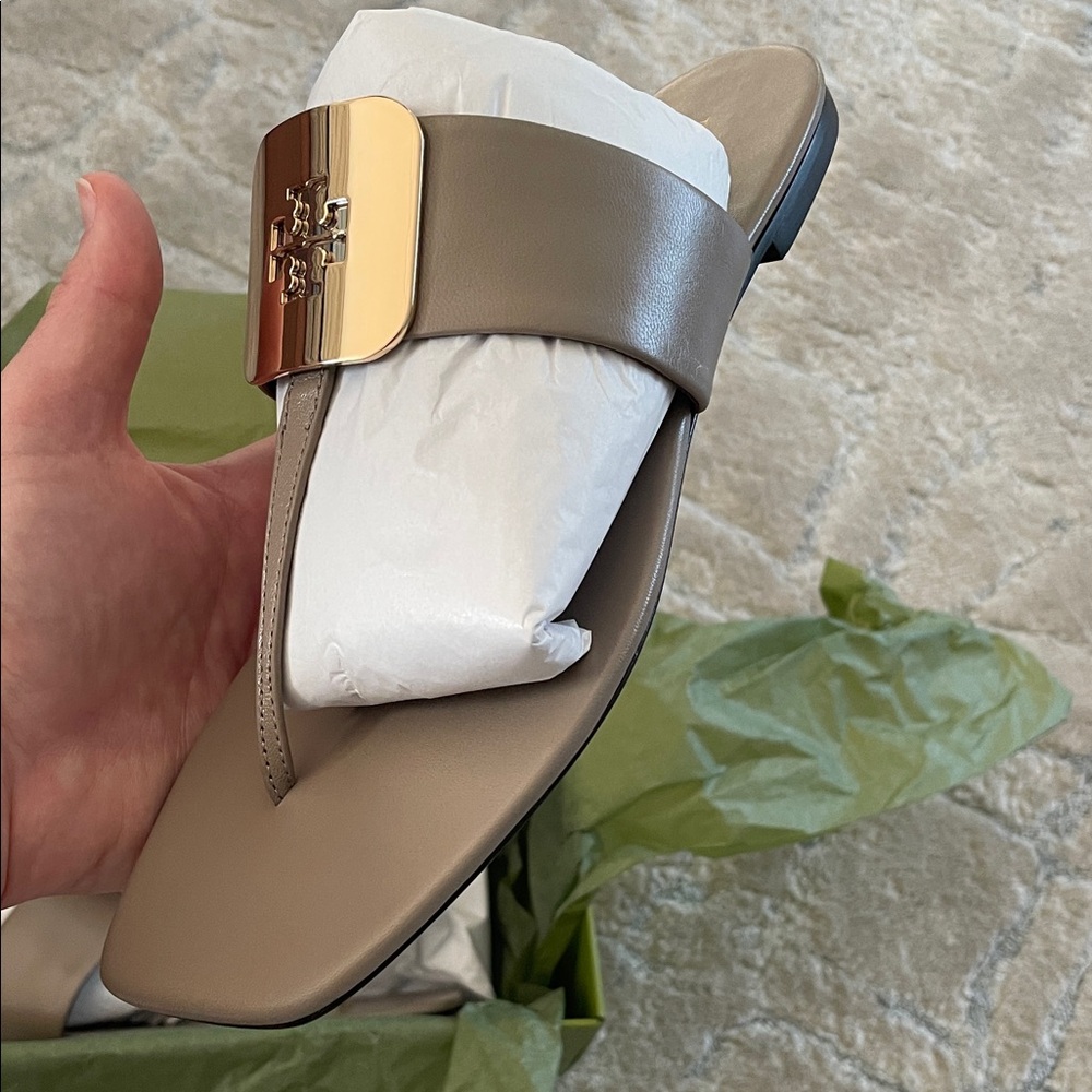 Tory Burch Taupe Georgia Slide Sandals with Gold Emblem - Picture 6 of 8